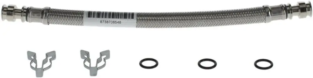 BOSCH Schlauch aus Edelstahl mit zwei Halterungen und drei O-Ringen, geeignet für verschiedene Anwendungen in der Sanitär- oder Heiztechnik.